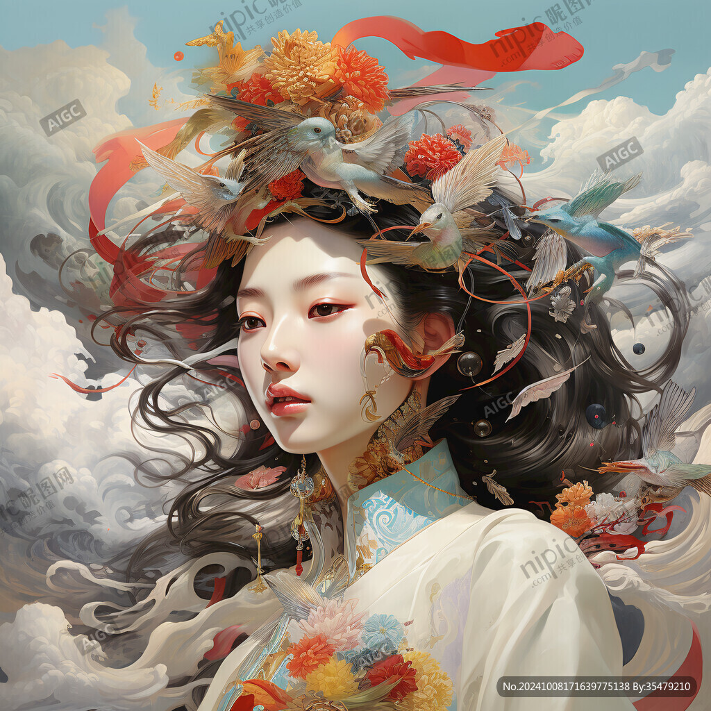 手绘国潮风格插画少女