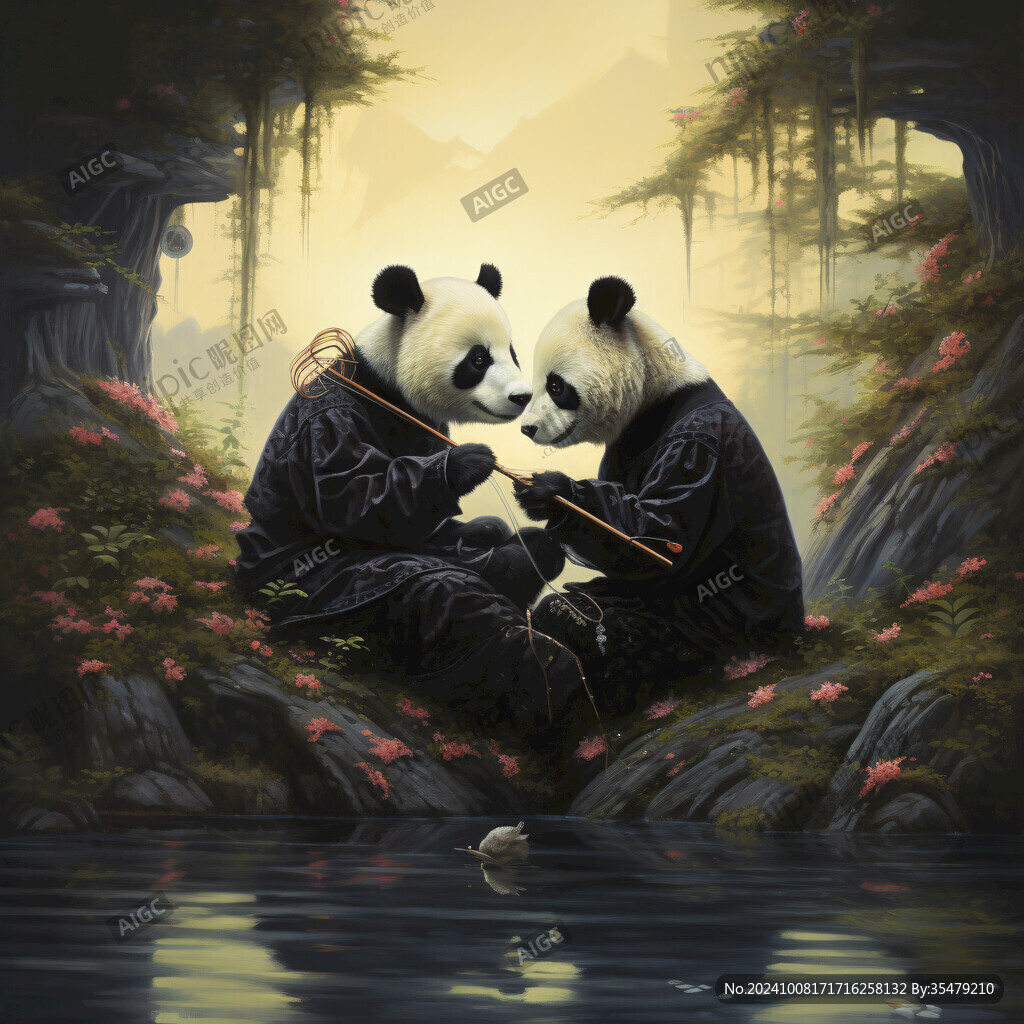 熊猫题材油画