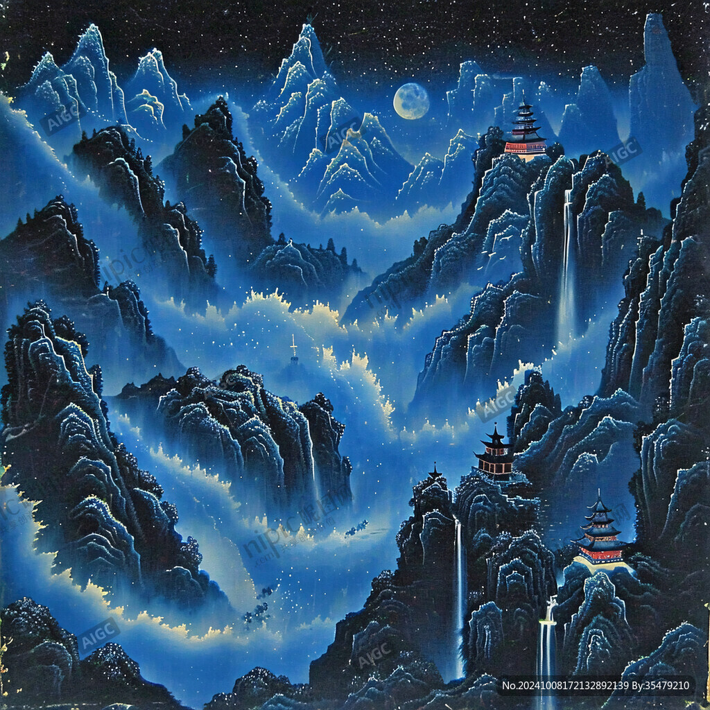 蓝黑色山水画