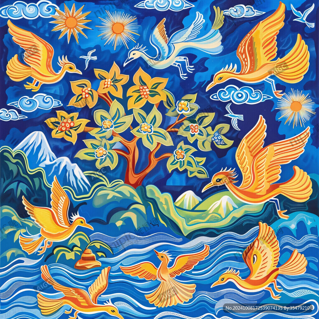 瑞鹤图国潮海浪插画