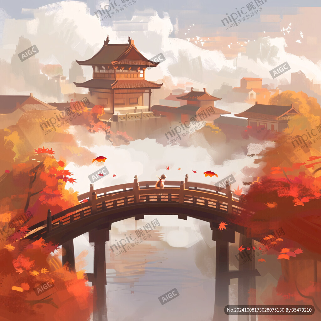 秋色古桥 云雾缭绕