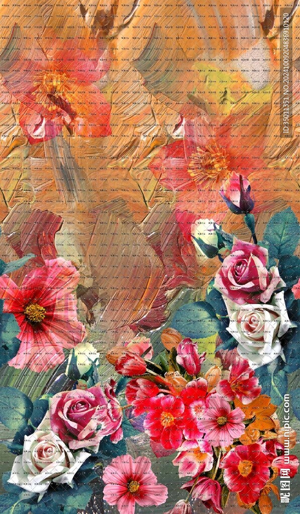 油画风单边定位花