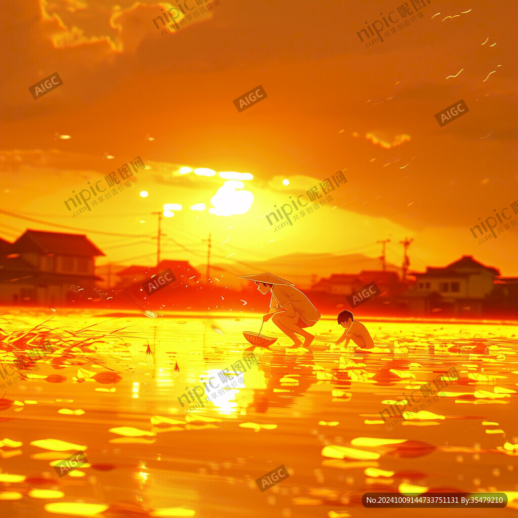 夕阳余晖 稻田耕作