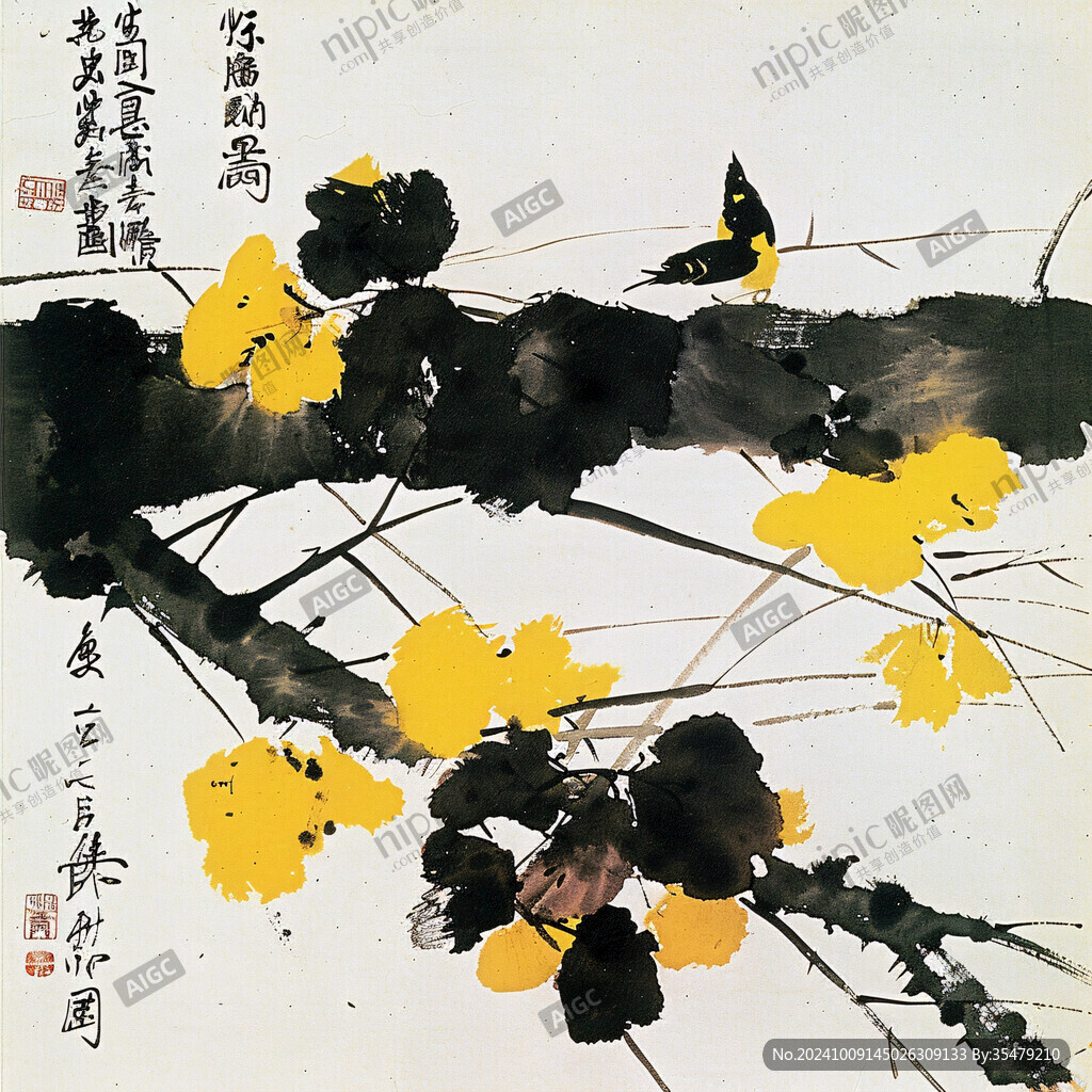 黄花枝头鸟栖息