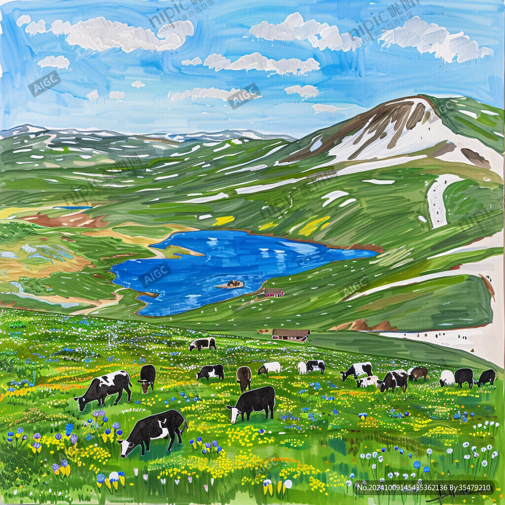 山间湖泊 牧牛悠闲