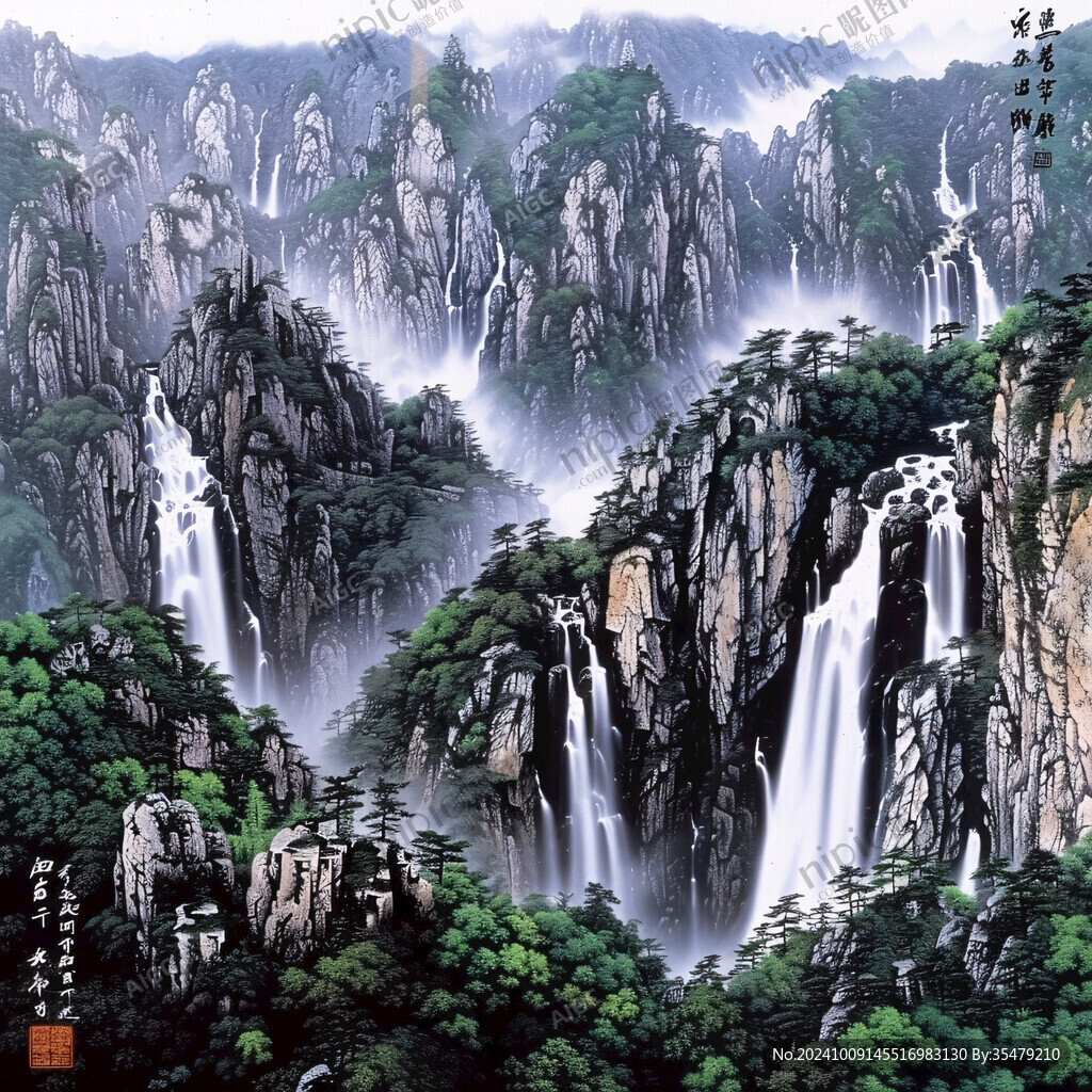 山水画 云雾瀑布