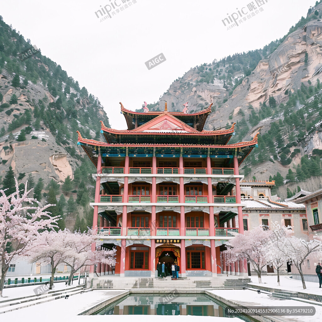 山间古刹 静谧雪景