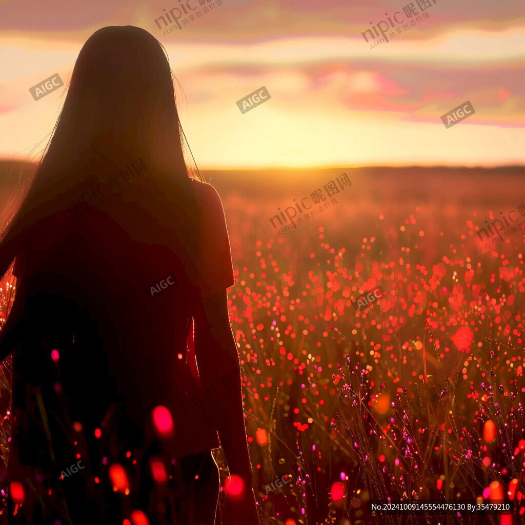 夕阳下的背影 漫步花海