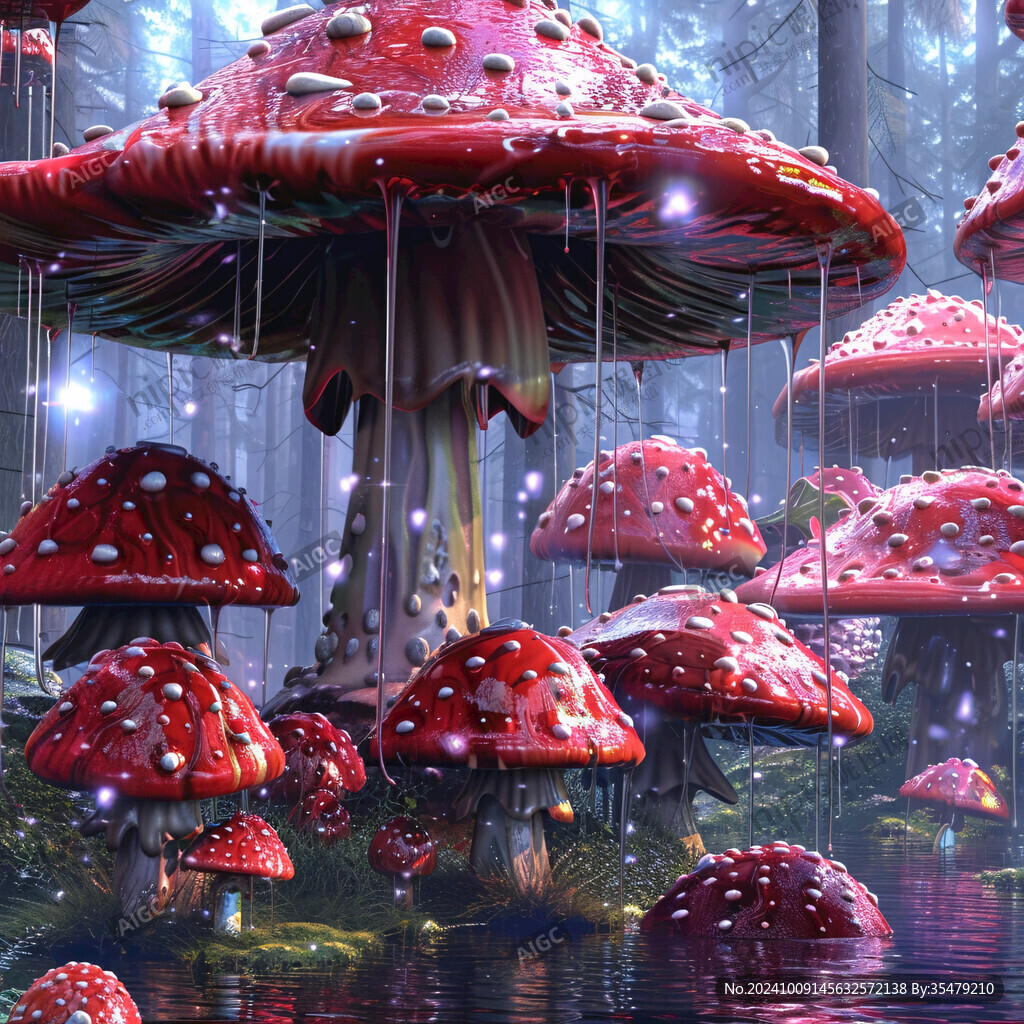 梦幻森林中的红色蘑菇