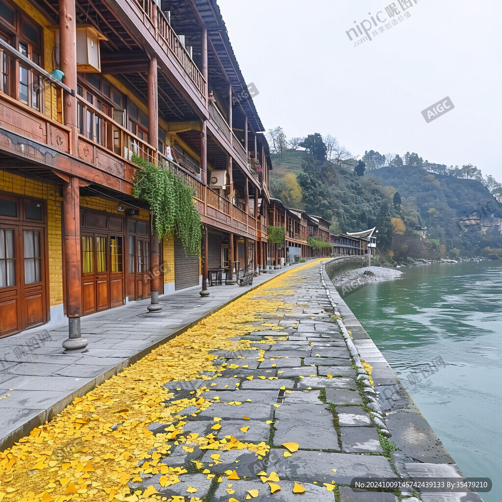 古镇水乡 秋叶飘零