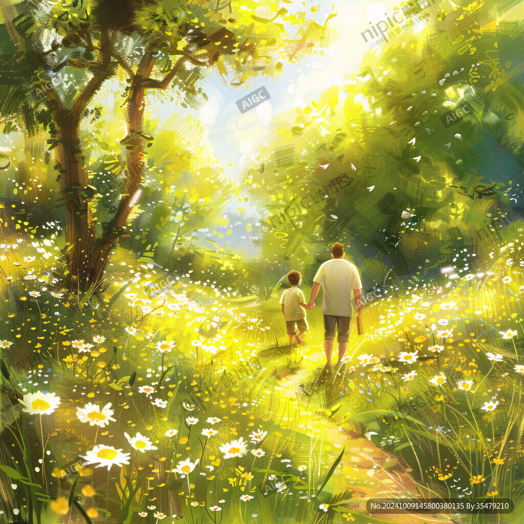 父子漫步花海间