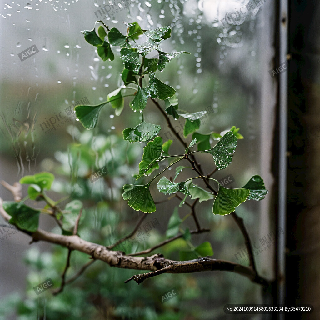 雨水滋润的银杏叶