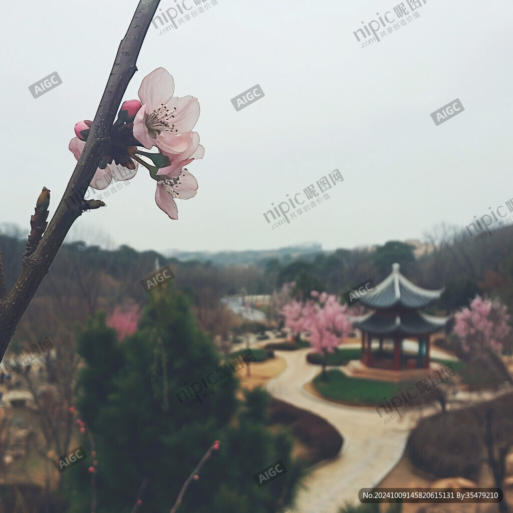 春意盎然 花开亭台