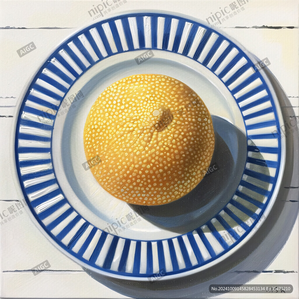 静物油画 蓝色条纹盘子里的柠檬