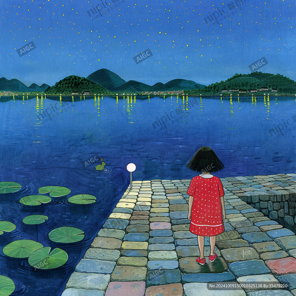 夜晚 女孩在湖边沉思