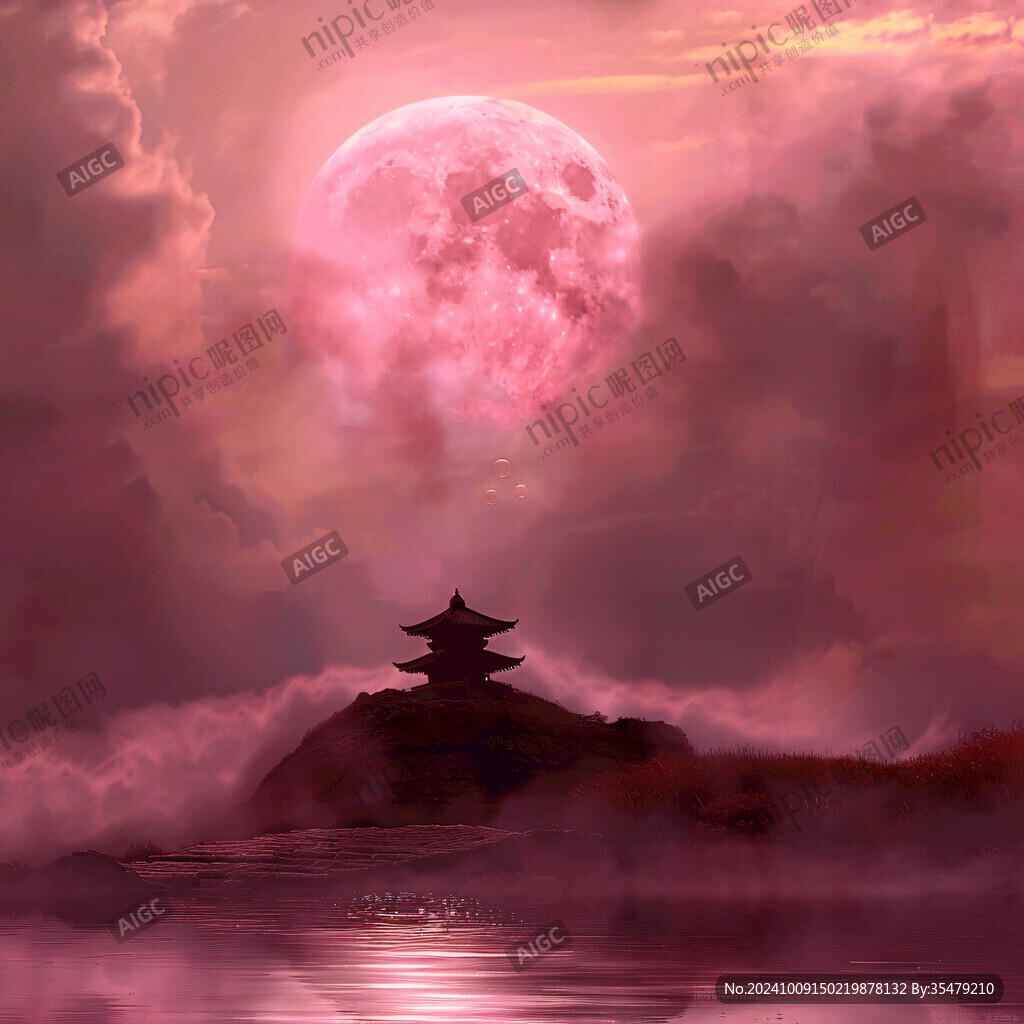 粉红月亮下的古塔