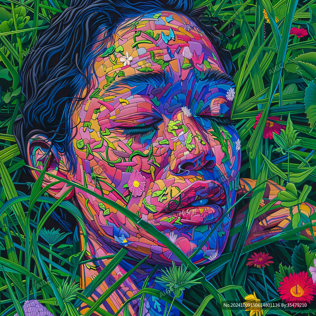 彩绘女人植物抽象画