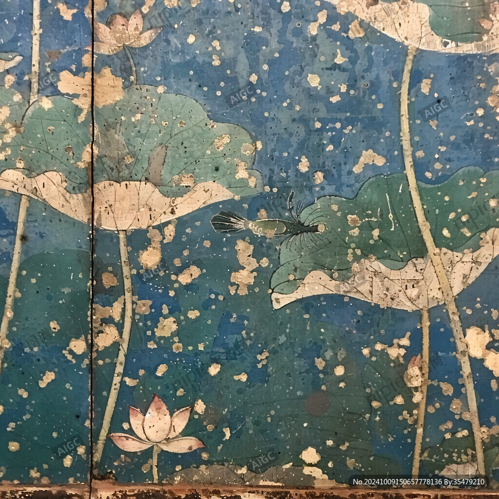 蓝色荷花壁画