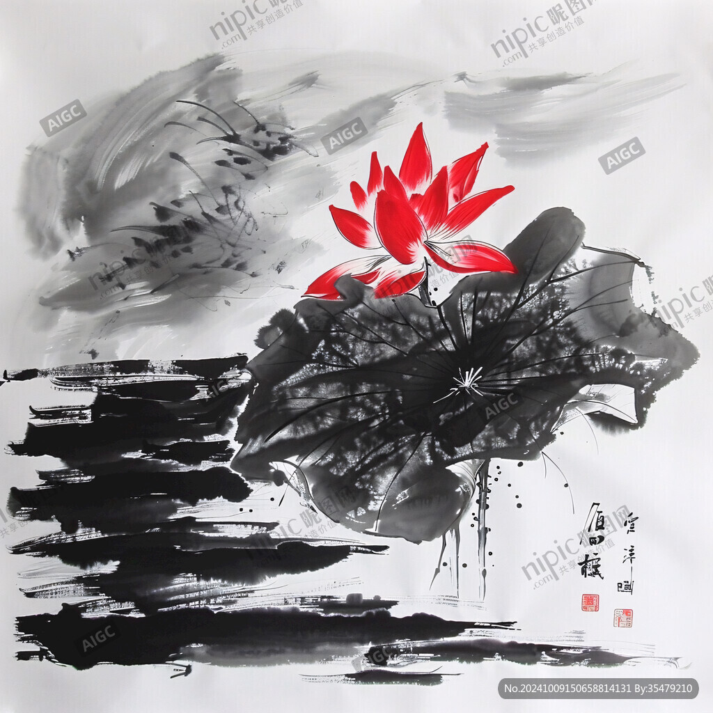 水墨荷花鱼