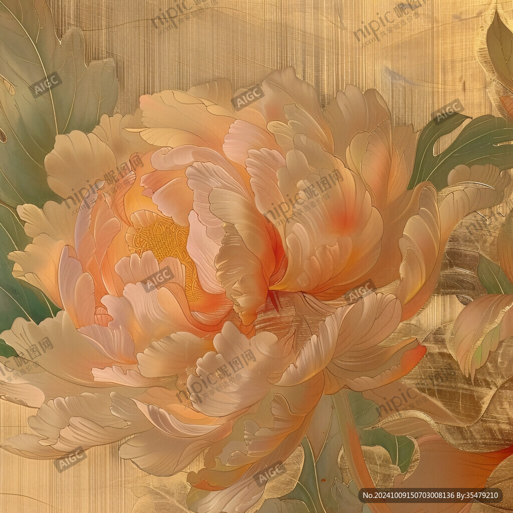手绘牡丹花阁楼插画