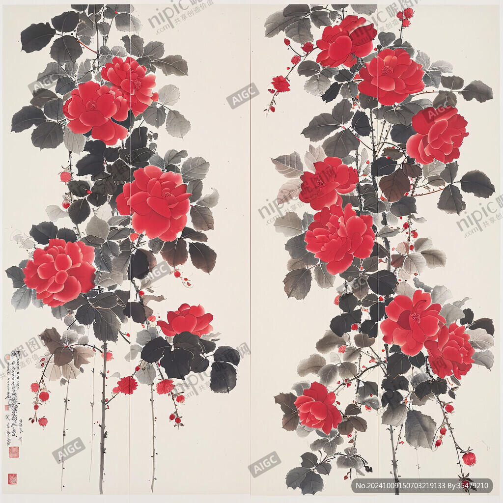 装饰画月季水墨画