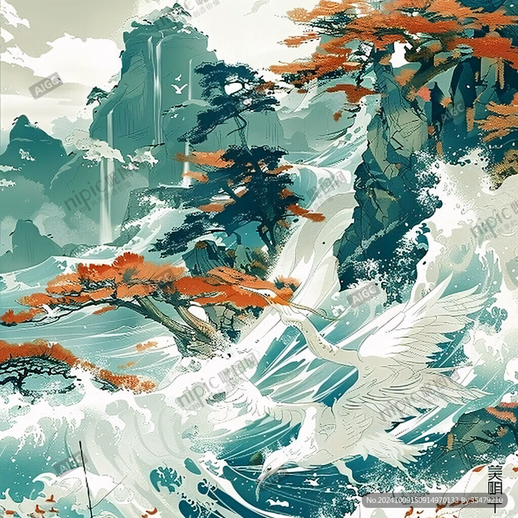 海浪仙鹤松树