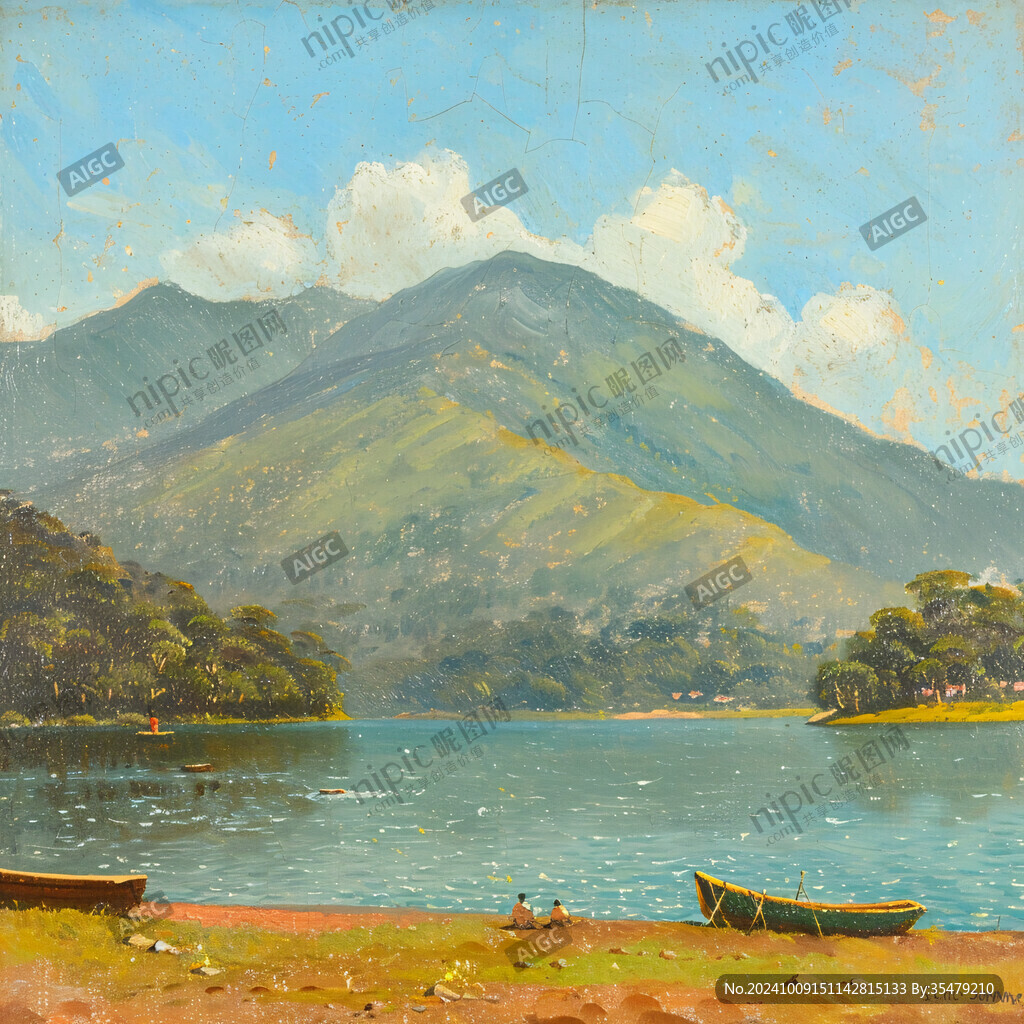 山峰渔船群山油画