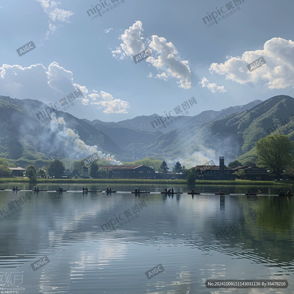 炊烟湖水湖泊