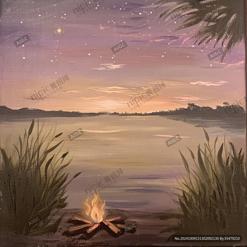 插画夜景湖泊
