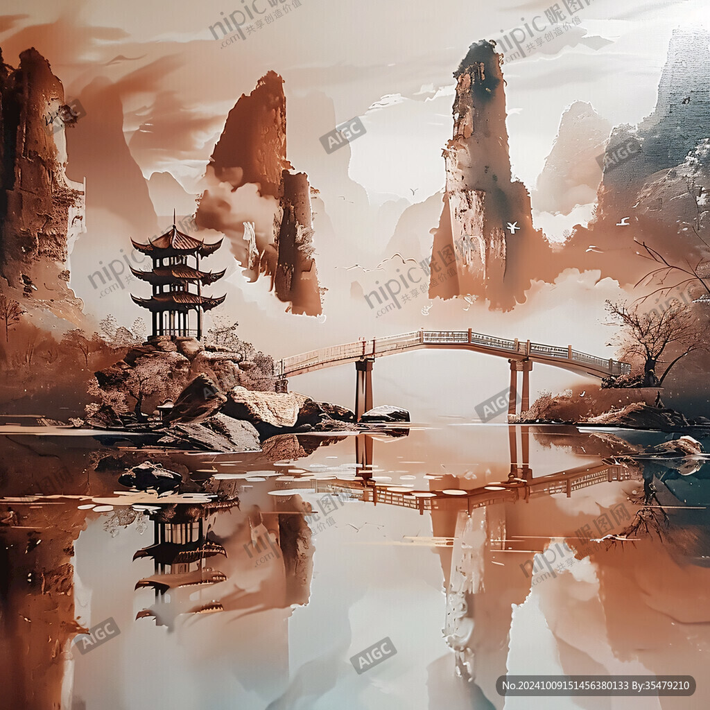 炫彩渐变山水古建插画