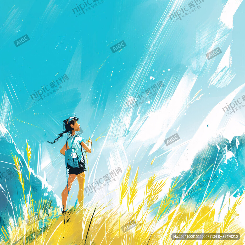 草地奔跑的少年插画
