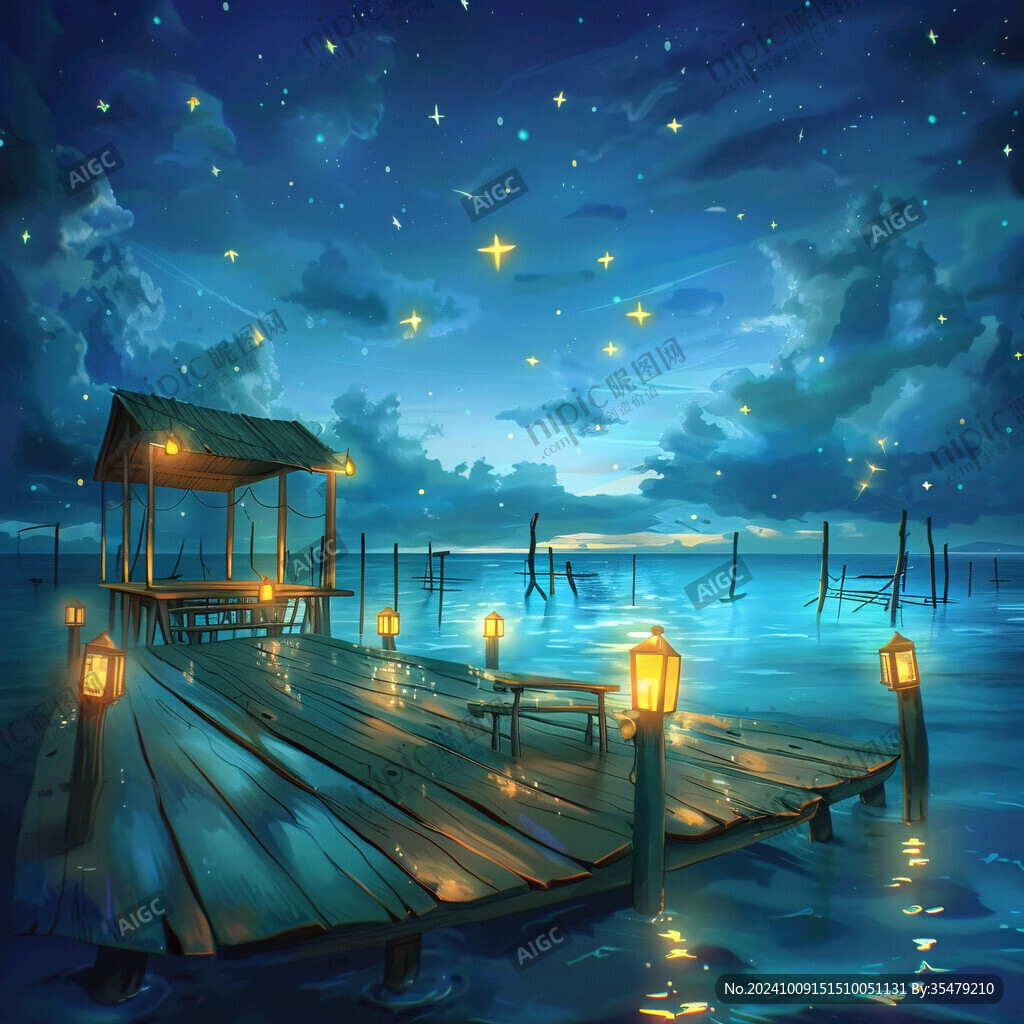 插画夜景湖泊