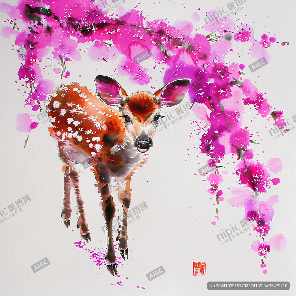 水彩渲染国画梅花鹿