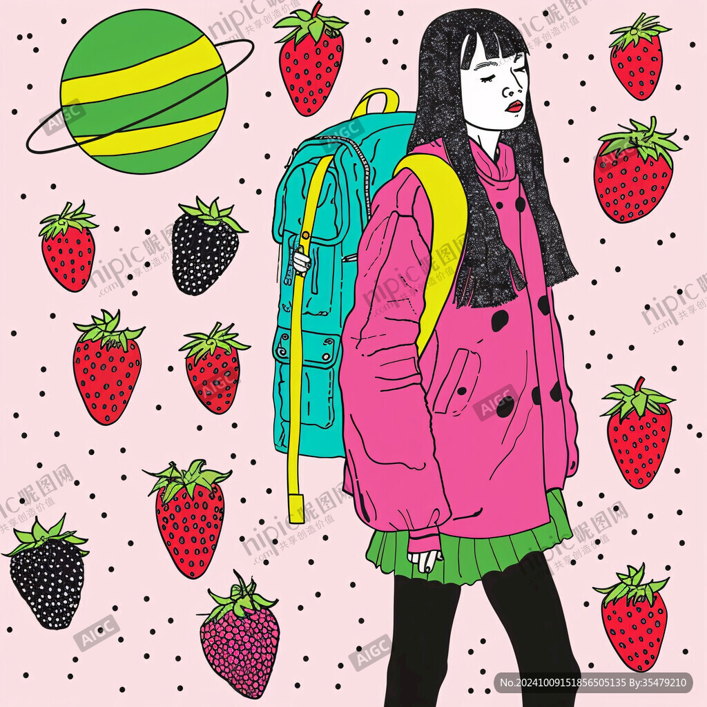 手绘站在草莓前的女孩