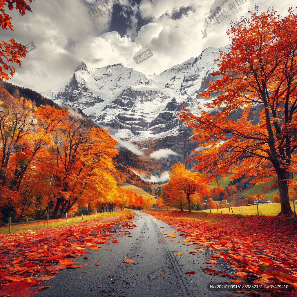 山水风景画落叶满地