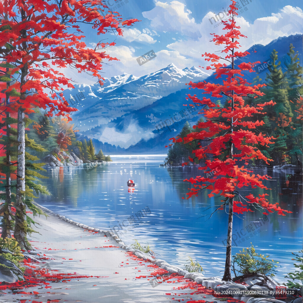 山水画风景画湖泊湖畔