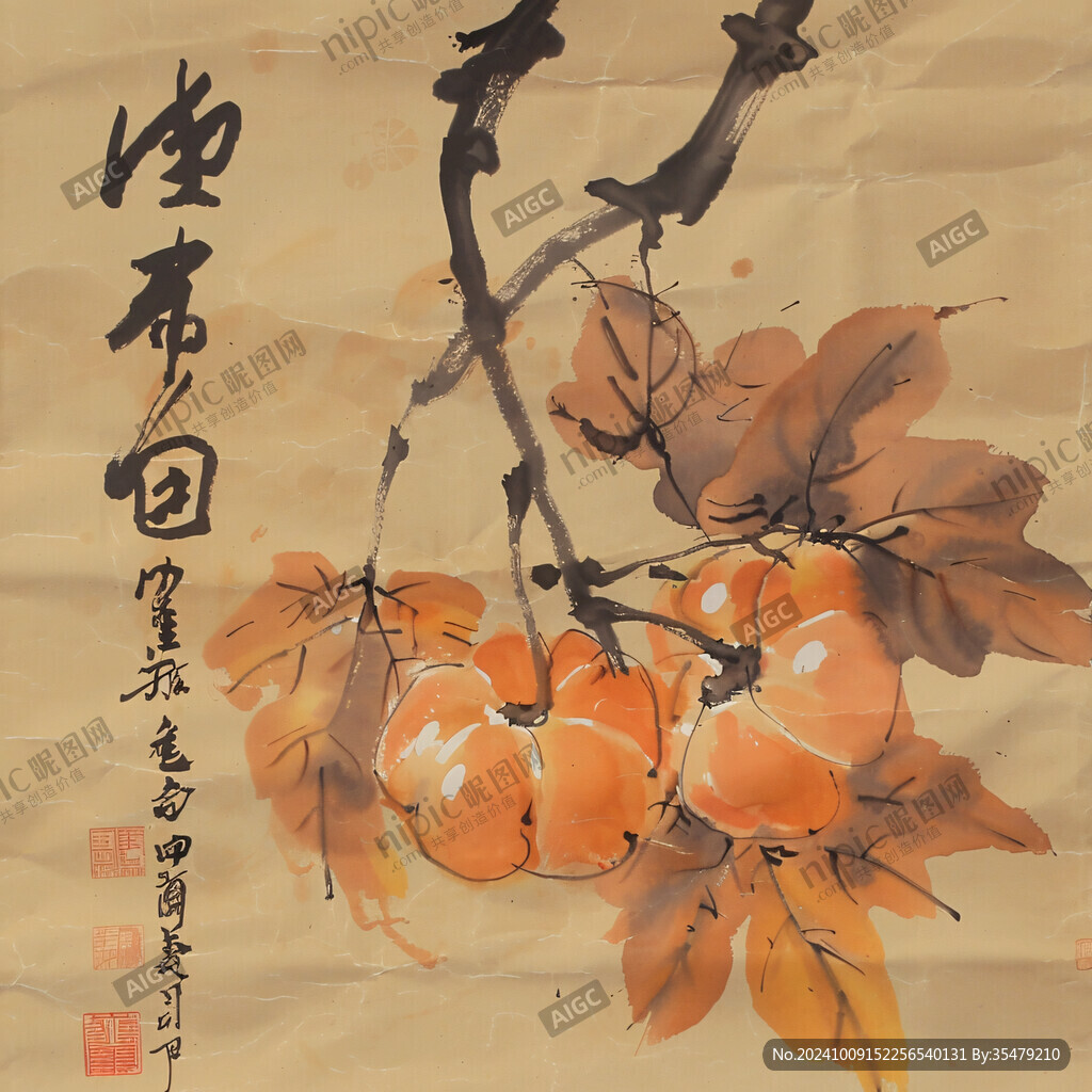 国画柿子水墨画