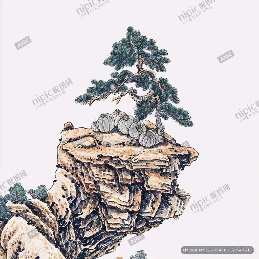 手绘工笔山石