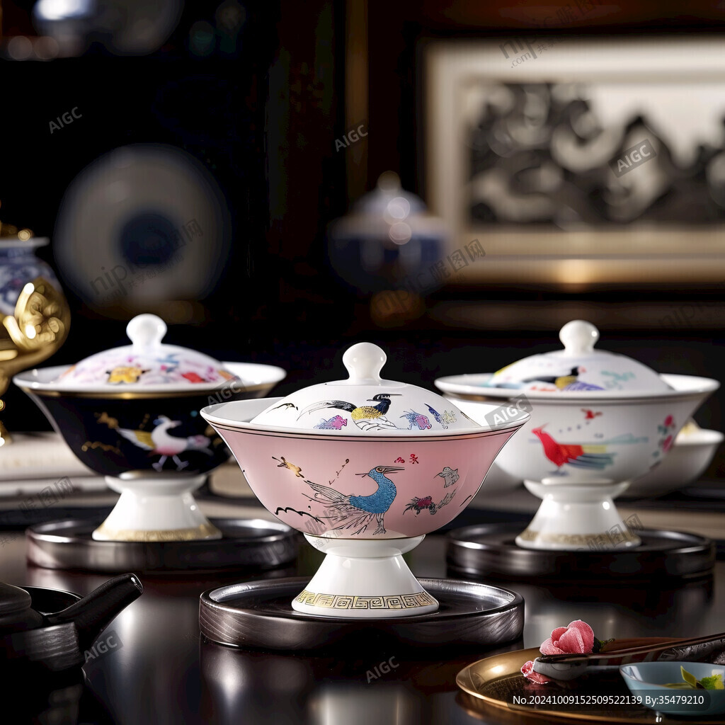 猫戏蝶粉彩盖碗