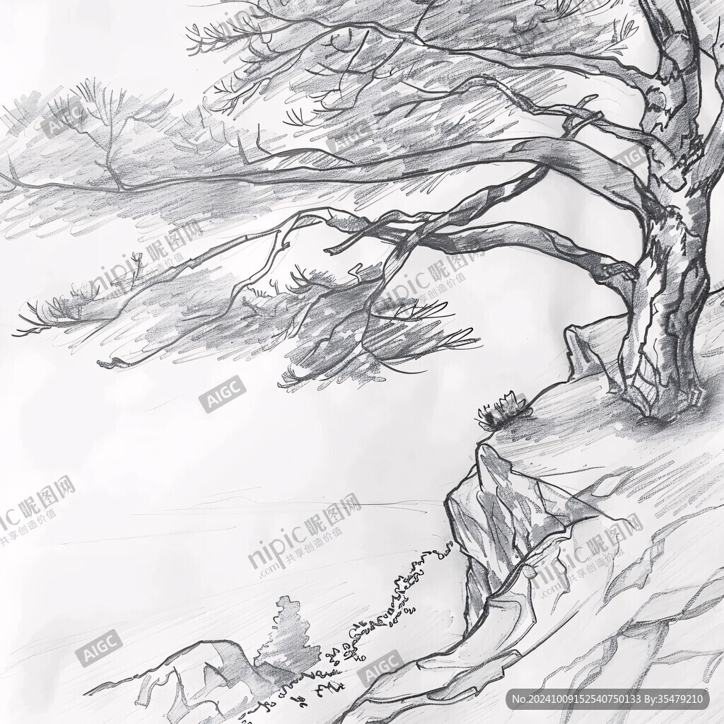白描松树山水