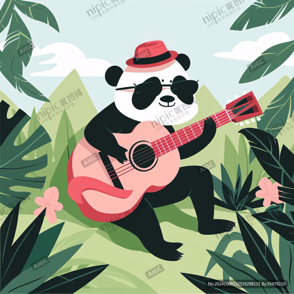弹吉他熊猫卡通插画