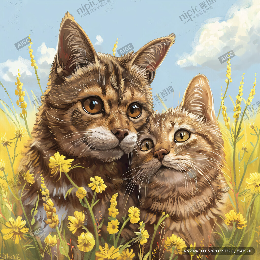 花丛边的猫咪插画
