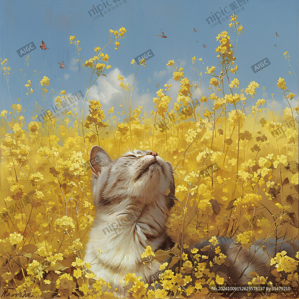花丛边的猫咪插画