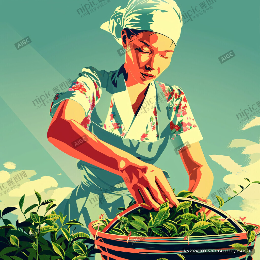 茶插画采茶女插画
