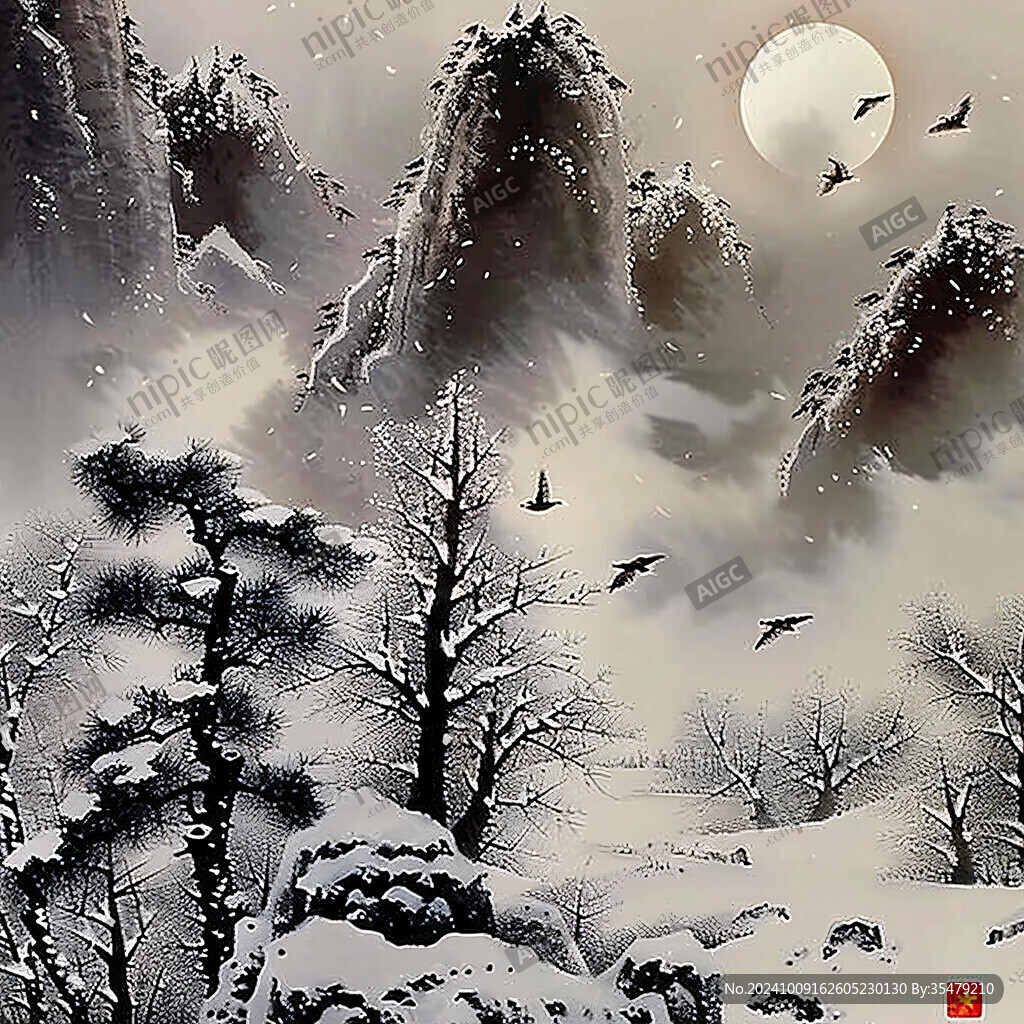 山水壁画雪景中国画