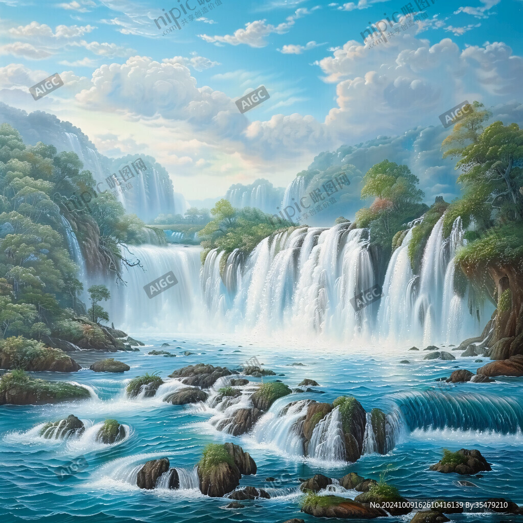山水风景油画瀑布