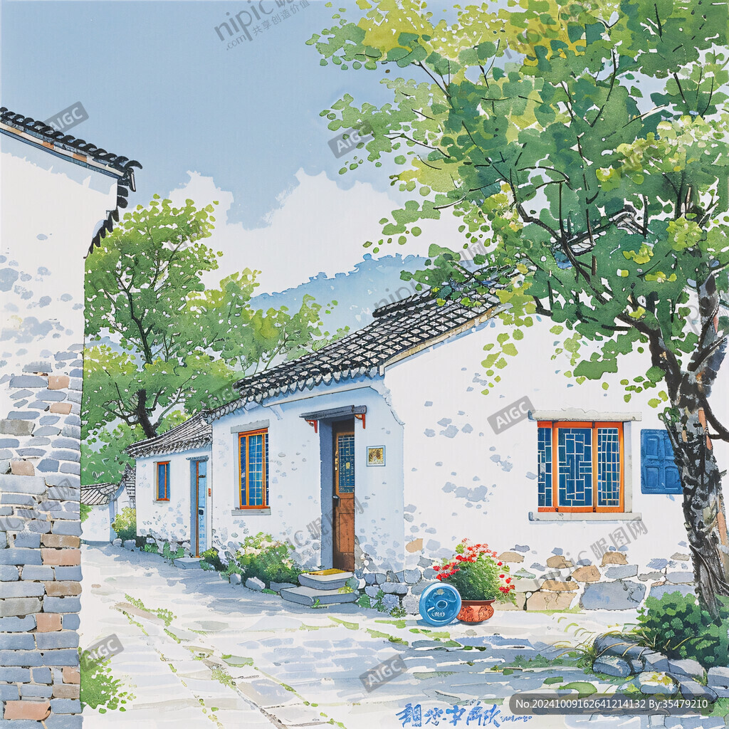 水粉画古街巷