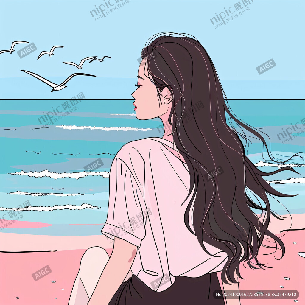 女学生海边插画