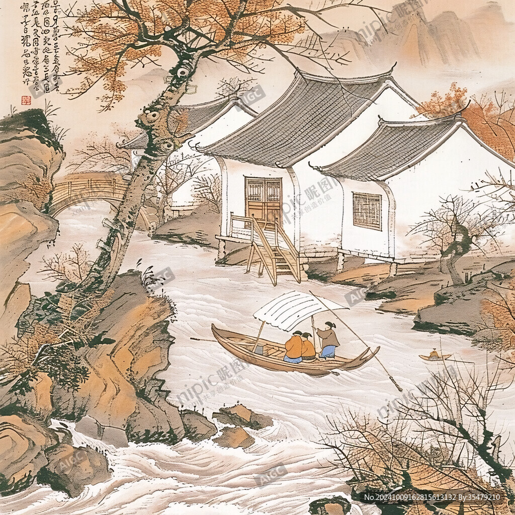 水上船家山水画