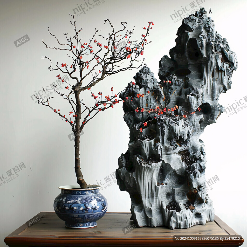 青花瓷盆玉石梅花盆景